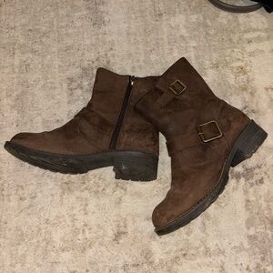 Brown Genuine Leather Ankle Boots with Buckle Detail